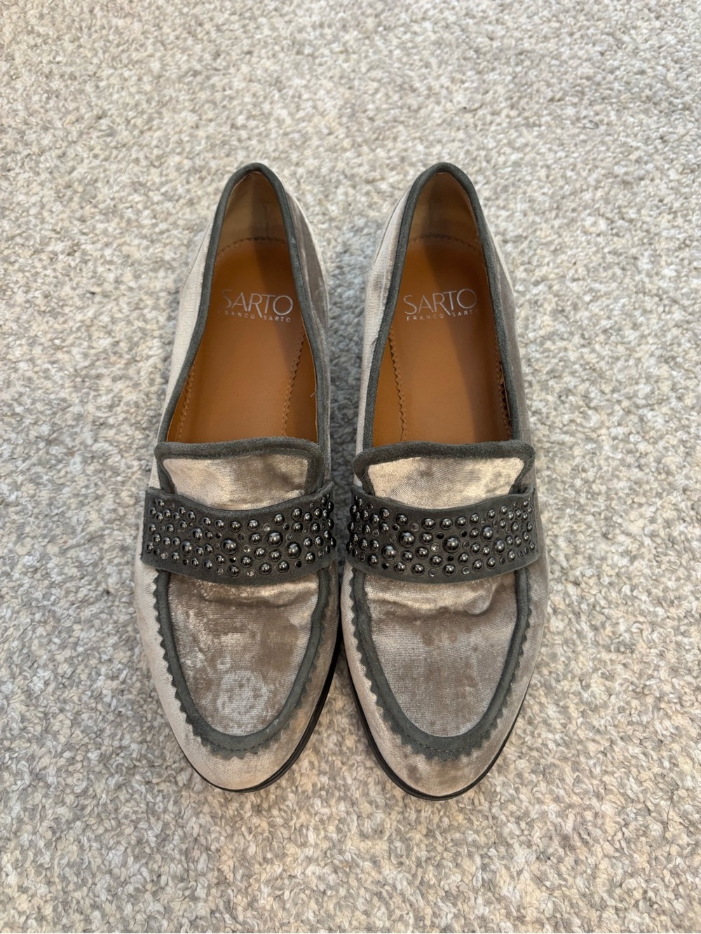 Franco Sarto Gray Velvet Studded Loafers - Women